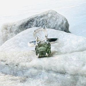 Size 5.5 Ring 925 Sterling Silver Rare Natural Moldavite and Herkimer Diamond